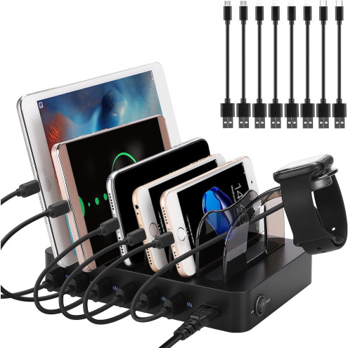 PRITEK 6-Port USB Ladestation 60W/12A 6x USB-A Anschluss schwarz inklusive 8 Kurzkabeln