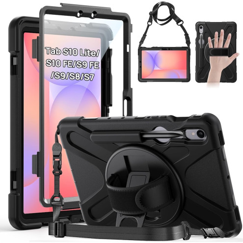 Gerutek Tablet-Case Rugged Galaxy Tab S10 Lite/S10 FE/S9 FE/S9 schwarz mit drehbarem Ständer,Handschlaufe,Schultergurt